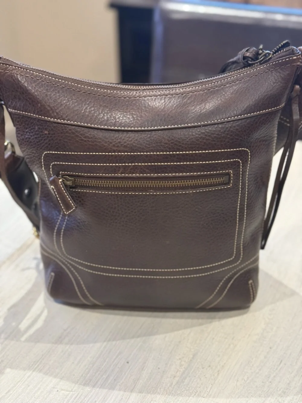 Coach Bleeker Dark Brown Pebbled Leather Messenger/Bucket Bag with Brass